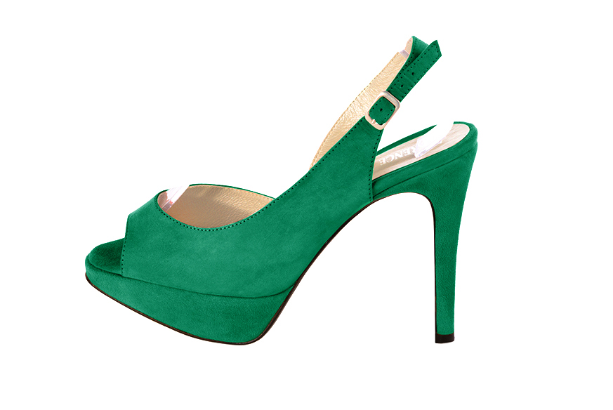 Dress heels peep-toe slingback in emerald green leather with high slim heels with a platform at the front and round toe - Profile view